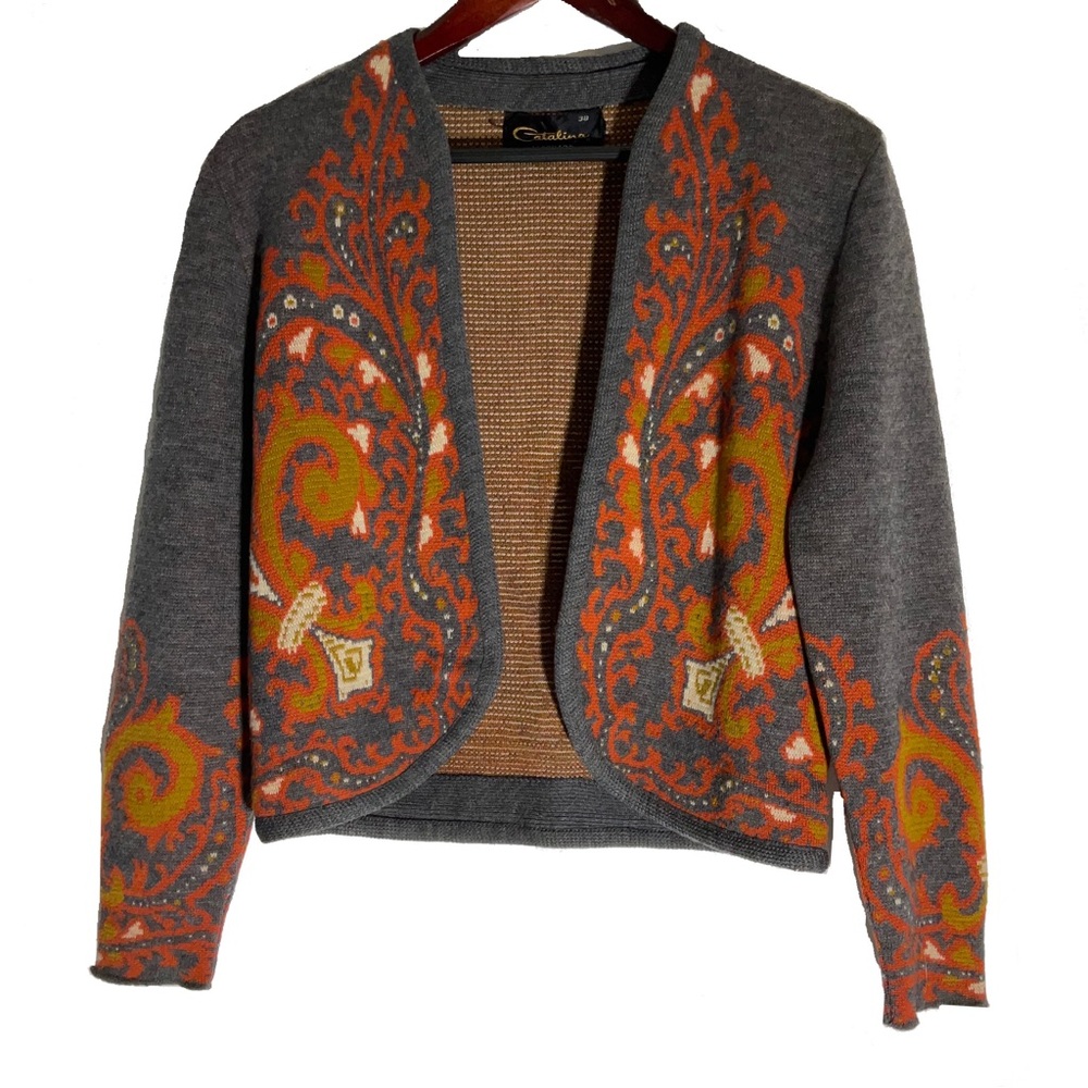 Catalina: Vintage Cardigan Sweater: Gray & Orange Paisley: EU 38: US size 6-8 M